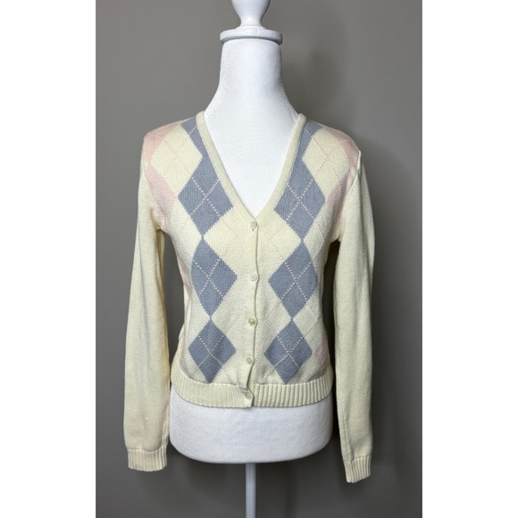 Brandy Melville Sweaters - John Galt Brandy Melville Argyle Cardigan Sweater Preppy Light Blue Pink Sz XS/S
